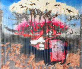 im garten des römers, 2013, öl - holzdruck auf baumwolle, 300 x 250 cm